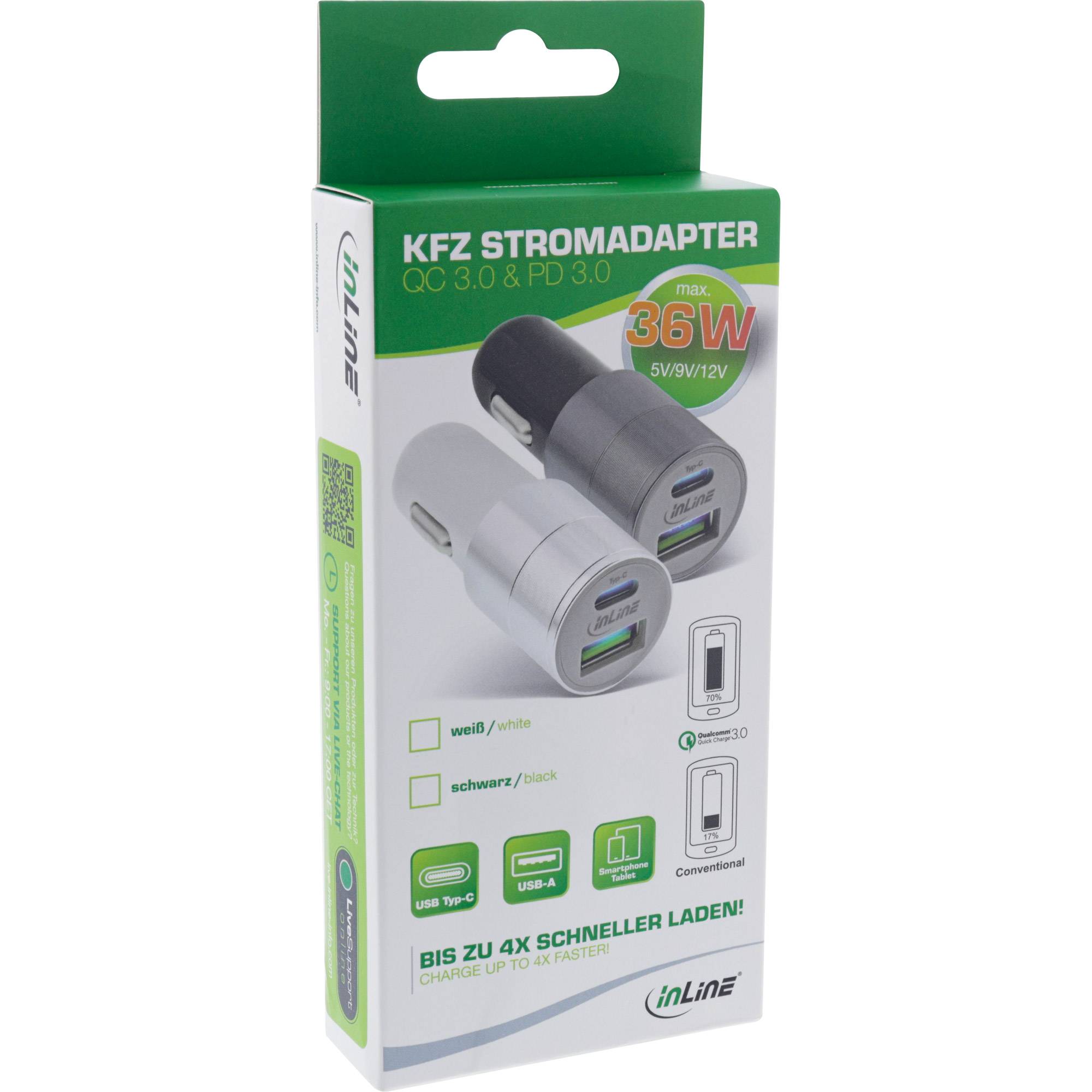INLINE - USB KFZ Stromadapter Quick Charge 3.0 - 12/24VDC zu 5V DC/3A - USB-A+USB-C