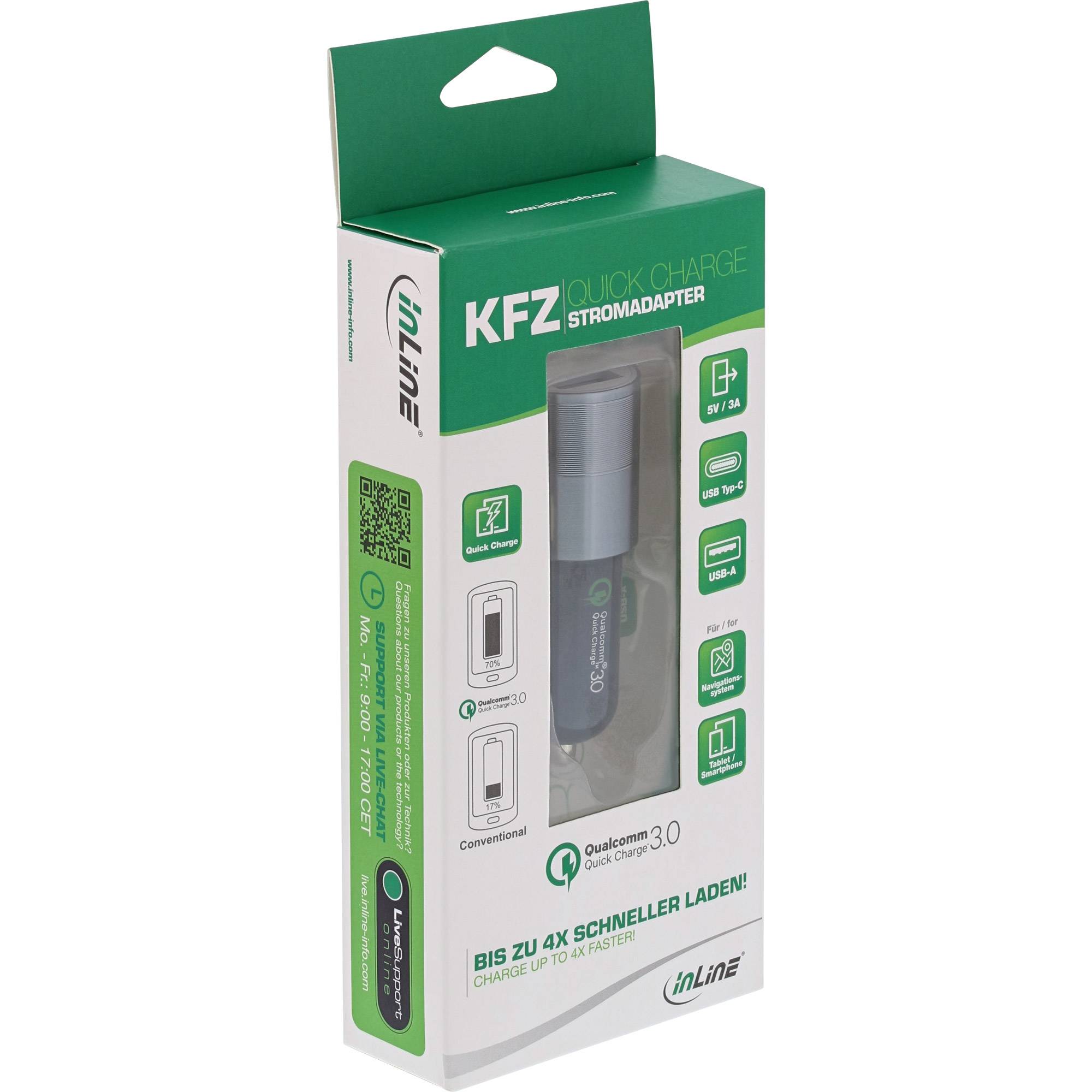 INLINE - USB KFZ Stromadapter Quick Charge 3.0 - 12/24VDC zu 5V DC/3A - USB-A+USB-C