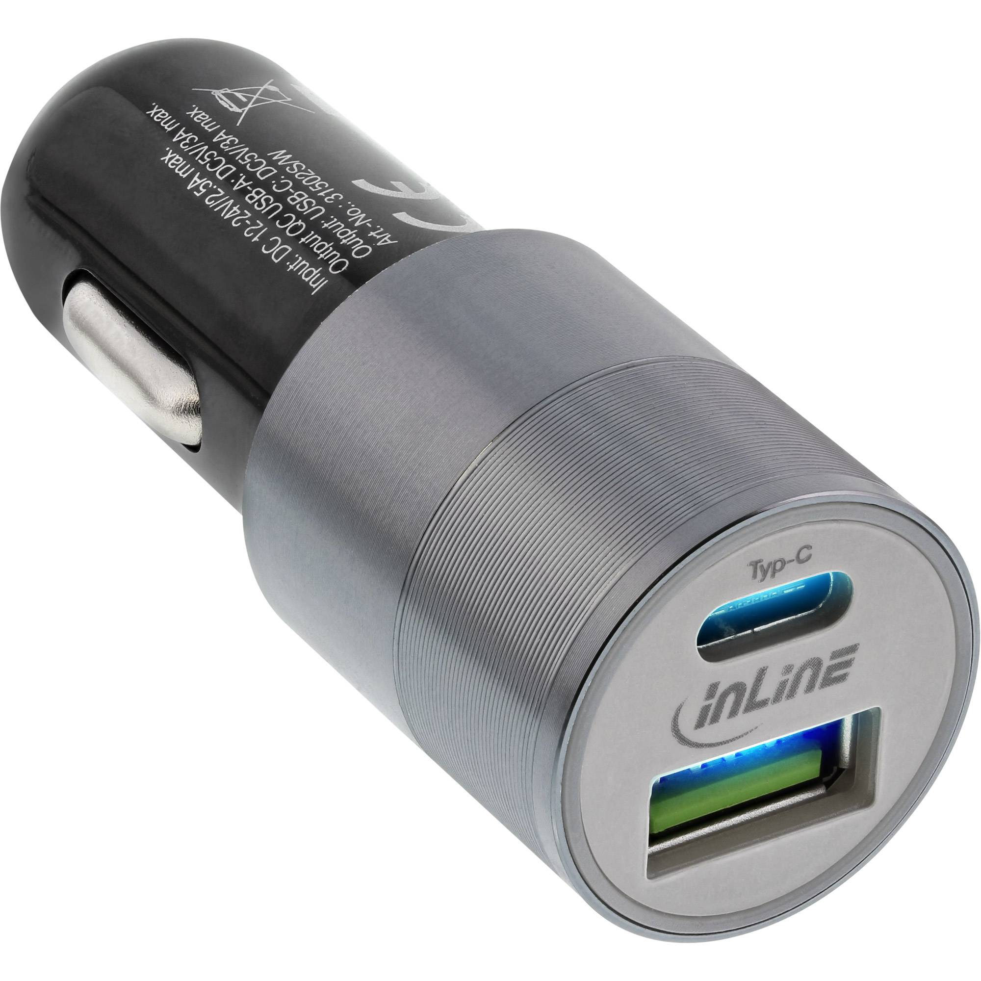 INLINE - USB KFZ Stromadapter Quick Charge 3.0 - 12/24VDC zu 5V DC/3A - USB-A+USB-C