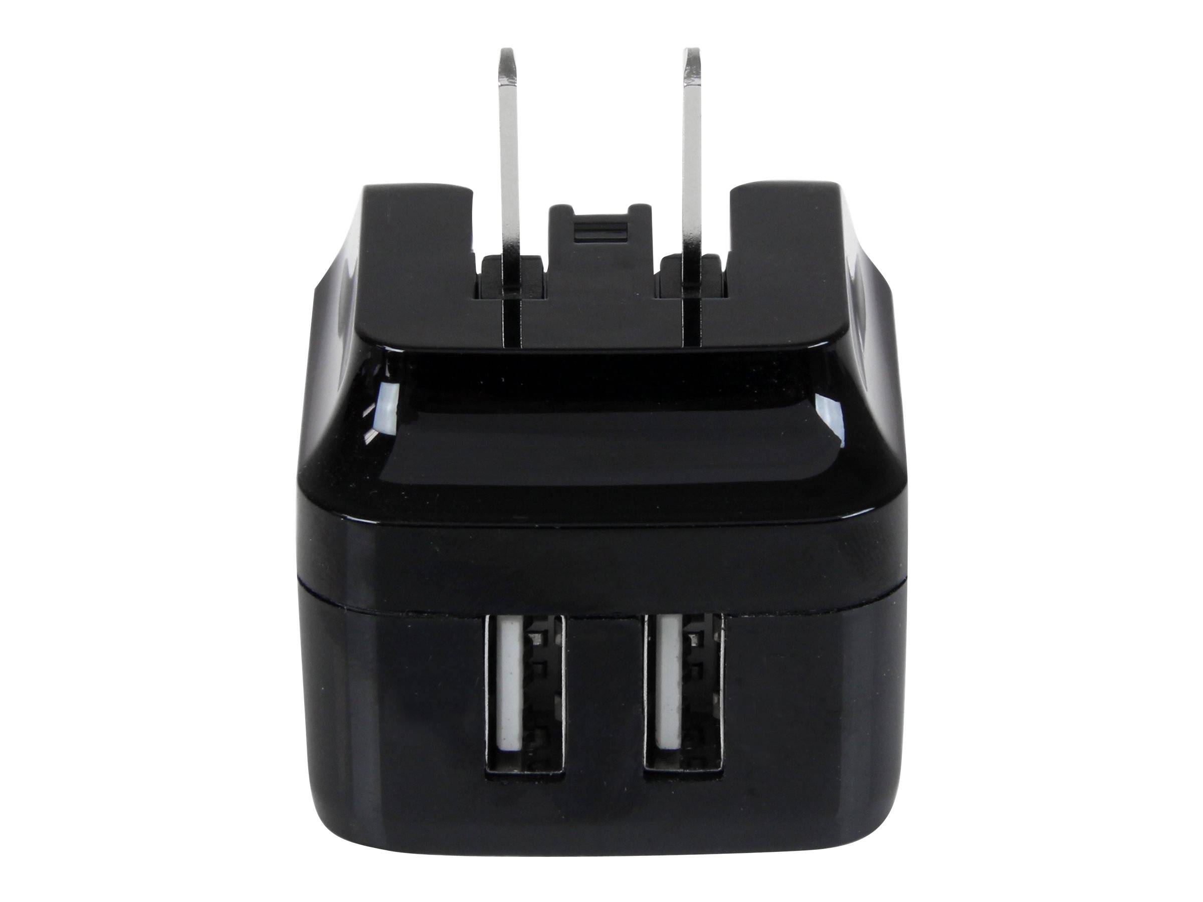 Schwarzes USB-Wandladegerät mit zwei Anschlüssen und zwei Stiften, auf weißem Hintergrund abgebildet.