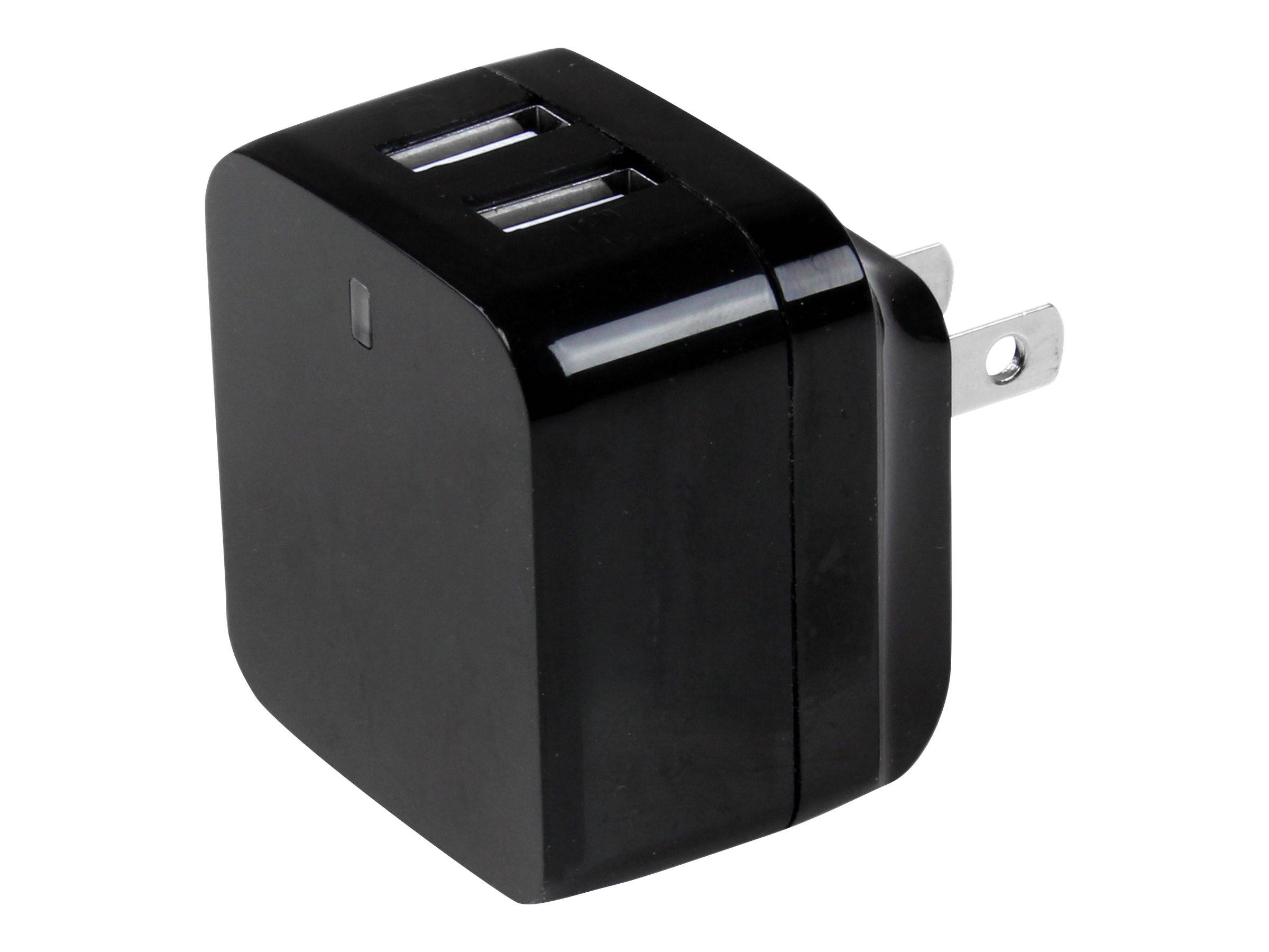 Schwarzer Dual-USB-Wandladegerät-Adapter mit ausklappbaren Steckerdornen auf weißem Hintergrund.