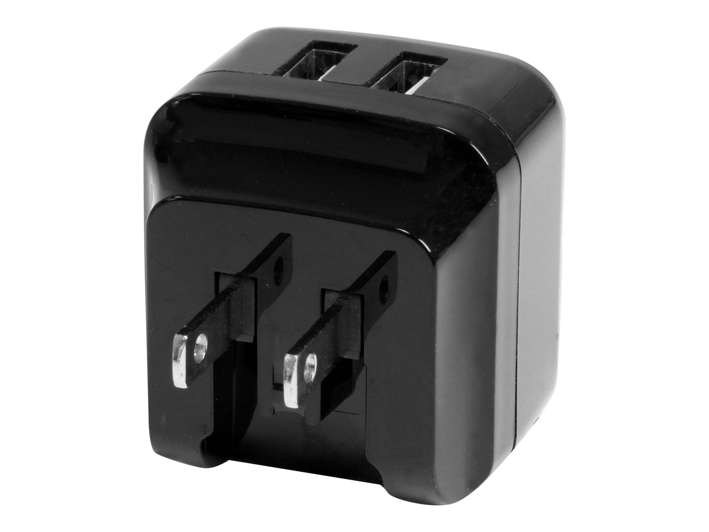 Schwarzer Dual-USB-Wandladegerät-Adapter mit zwei Stiften an der Vorderseite, gezeigt vor weißem Hintergrund.