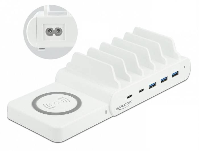 Delock USB and Wireless Charger - Ladestation + AC-Netzteil - 110 Watt - 5 A - PD - 5 Ausgabeanschlussstellen (3 x USB T