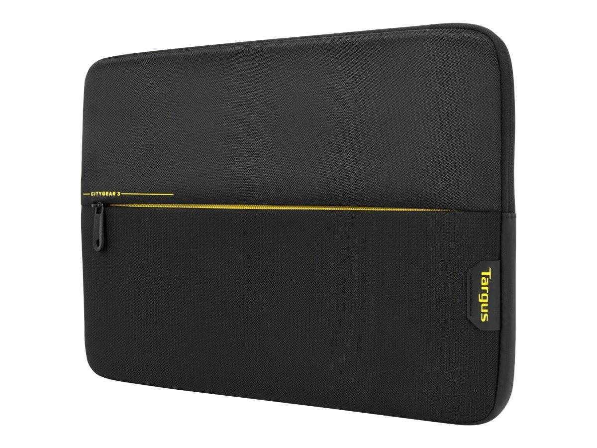 Schwarzer Laptop-Sleeve mit Reißverschluss und gelbem „Targus