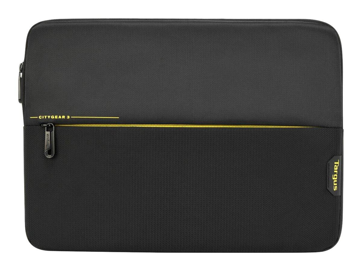 Schwarze Laptop-Schutzhülle mit gelbem Reißverschluss und kleinem „CITYGEAR 3"- und „Targus""-Branding.
