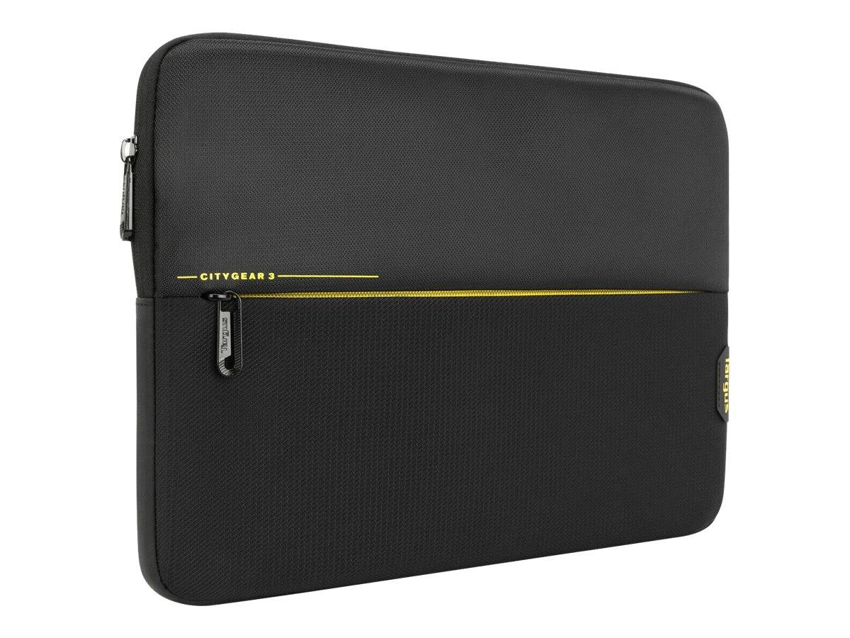 Schwarze CityGear 3 Laptop-Schutzhülle mit gelbem Akzent und vorderer Reißverschlusstasche, gezeigt auf weißem Hintergrund.