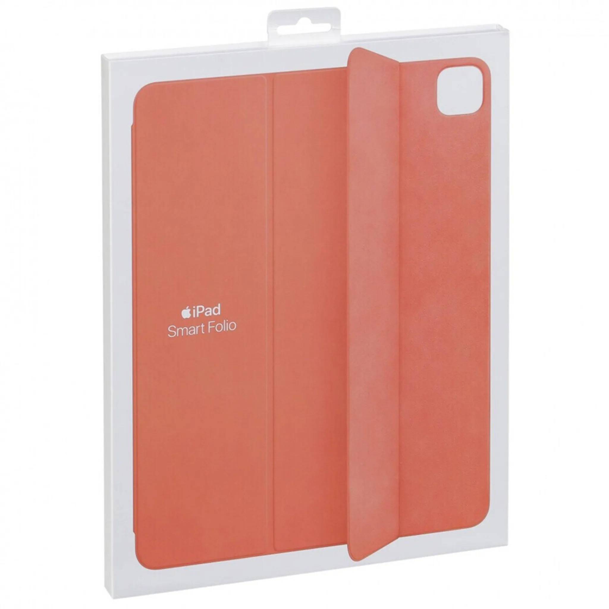 Orange iPad Smart Folio Hülle in transparenter Einzelhandelsverpackung mit Ausschnitt für die Frontkamera.