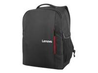 Schwarzer Lenovo-Rucksack mit Griff oben, roten Akzenten und Seitentaschen. Das Logo „Lenovo