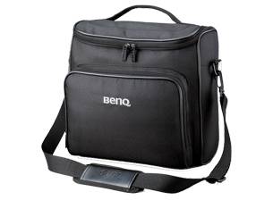 Schwarze BenQ-Tragetasche mit Schultergurt und Griffgriff, von vorne auf weißem Hintergrund dargestellt.