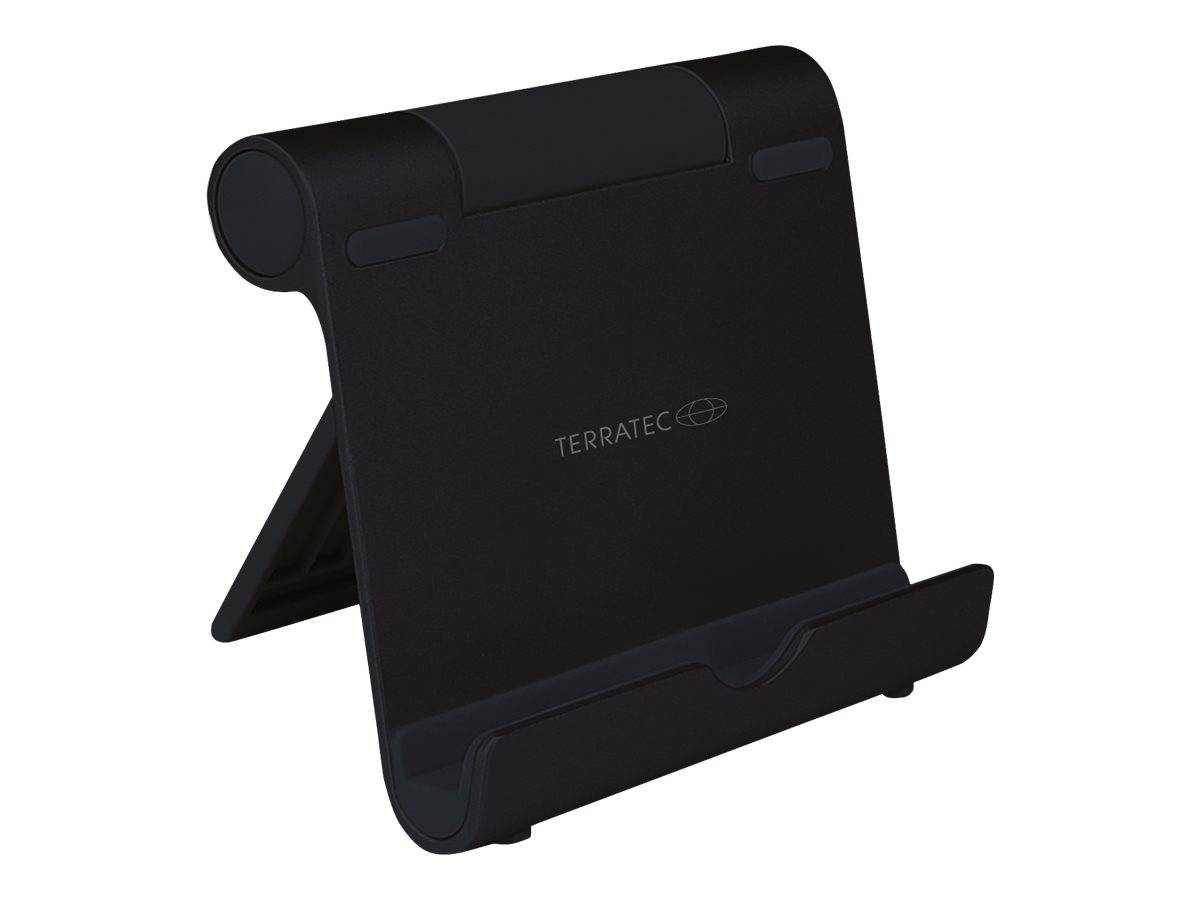 Schwarzes Terratec-Tablet-Ständer mit verstellbarer Stütze und vorderer Lippe, dargestellt auf weißem Hintergrund.