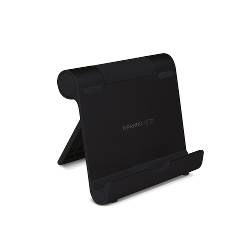 Schwarzer faltbarer Tablet- oder Telefonständer, von der Seite auf weißem Hintergrund gezeigt.