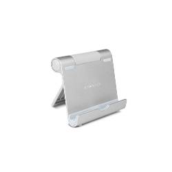 Silberner verstellbarer Desktop-Tablet-Ständer mit klappbarem Ständer und vorderer Lippe zum aufrechten Halten eines Geräts.