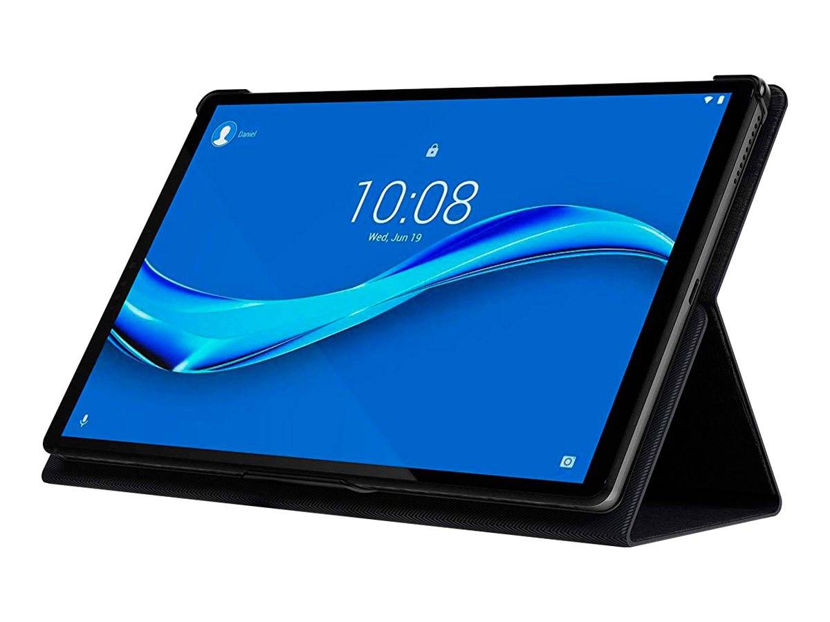 Ein Tablet in einem schwarzen Folio-Ständer zeigt einen blauen Sperrbildschirm mit der Uhrzeit 10:08 und dem Datum Mi., 19. Jun.