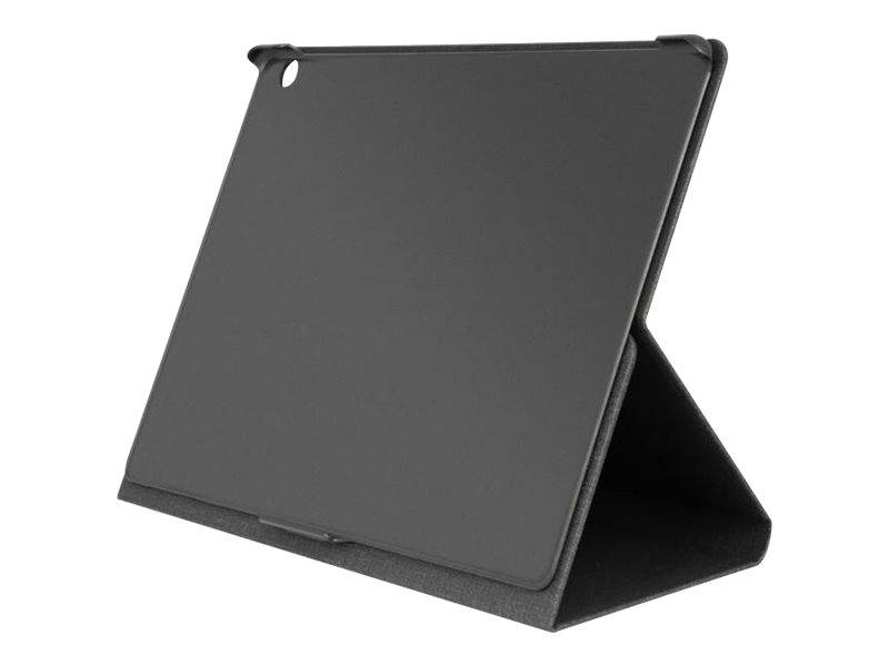 Schwarze Tablet-Schutzhülle, die zu einem Ständer gefaltet ist, geschlossen auf weißem Hintergrund dargestellt.