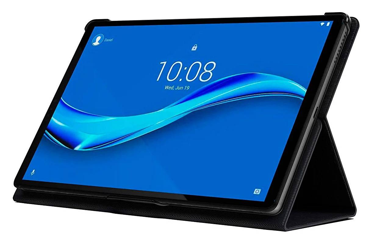 Schwarzes Tablet in einem Folio-Ständer-Etui, das einen blauen Sperrbildschirm mit der Uhrzeit 10:08 und dem Datum Mi 19. Jun zeigt.