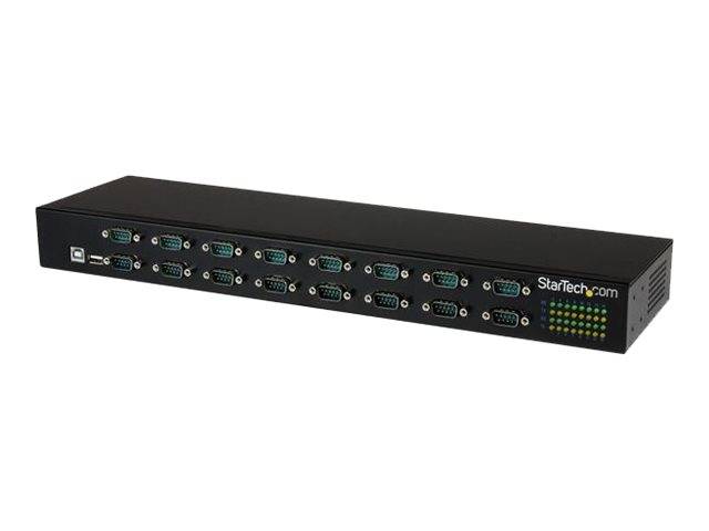 Black StarTech Rack-Mount Serienkonsolenserver mit mehreren DB9-Anschlüssen und Statusanzeigeleuchten auf der Frontplatte