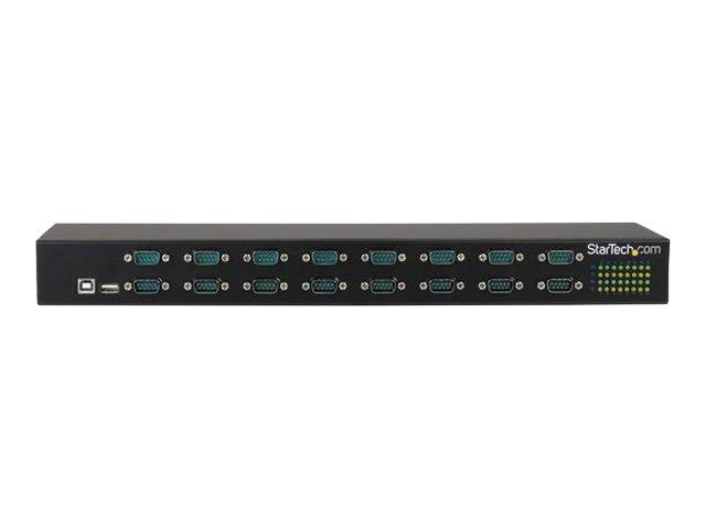 Vorderansicht eines StarTech.com-Rack-Mount-Serienkonsolenservers mit mehreren DB9-Seriell-Anschlüssen und Status-LEDs auf einem schwarzen Metallgehäuse.