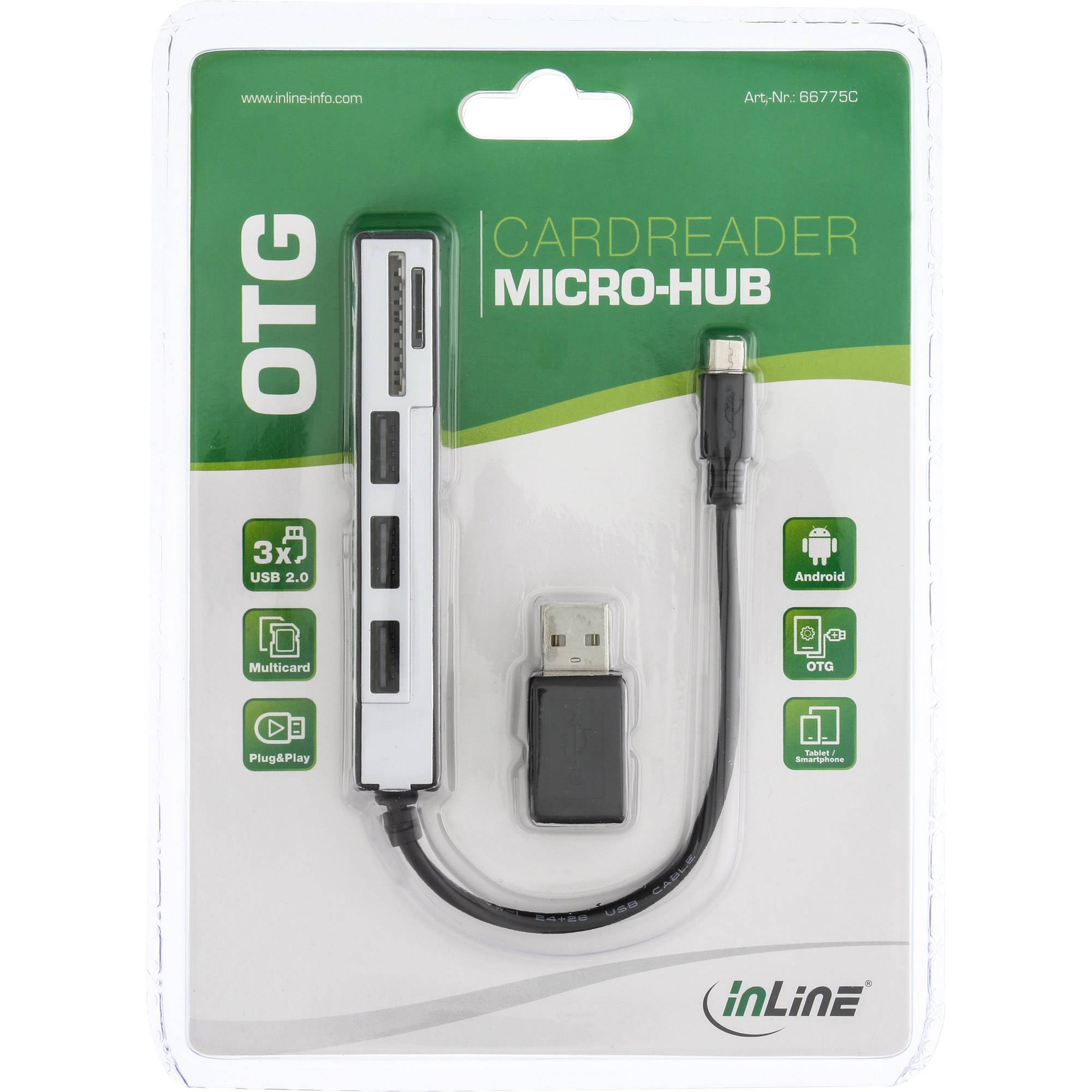 INLINE - USB OTG Cardreader & 3-fach USB 2.0 Hub - für SDXC/microSD - mit Adapter