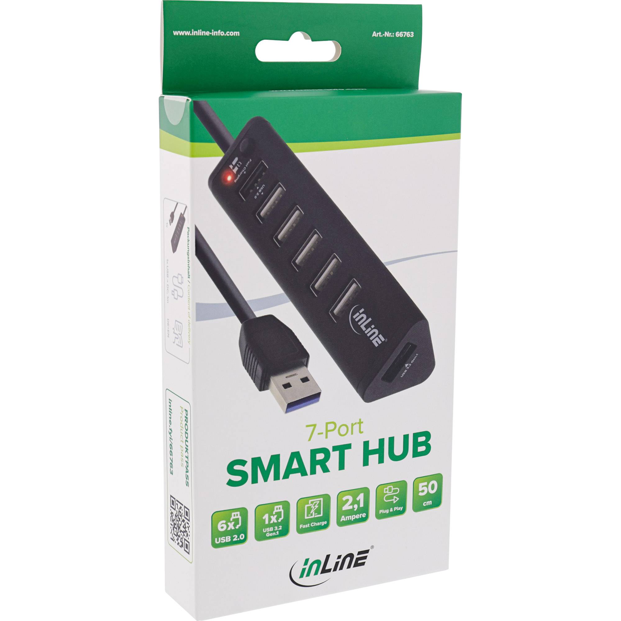 Verpackung für einen inLine 7-Port Smart-USB-Hub mit dem Hub und USB-Kabel sowie Produktmerkmalen auf der Schachtel.