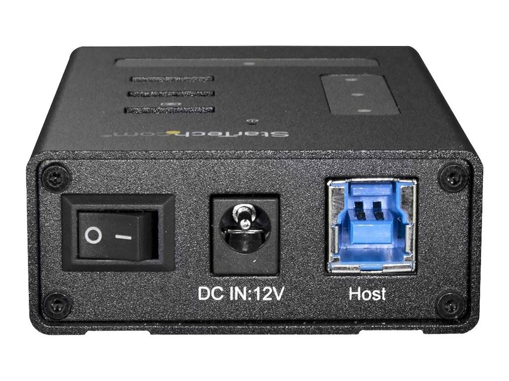 Schwarze Frontplatte eines elektronischen Geräts mit Stromschalter, 12V-Gleichspannungseingang und blauem USB-Host-Anschluss.