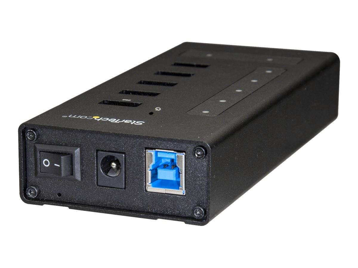 Black StarTech.com USB-Hub/Stromschalter-Box mit Ein-/Ausschalter, DC-Stromanschluss und blauem USB-Anschluss an der Vorderseite.