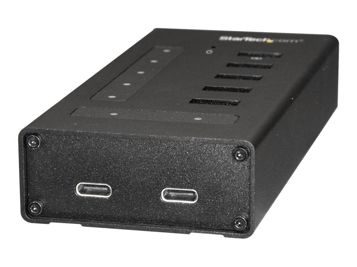 Schwarzes rechteckiges elektronisches Gerät oder Powerbank mit zwei USB-C-Anschlüssen auf der Vorderseite und mehreren Anzeigelampen/Tasten auf der Oberseite.