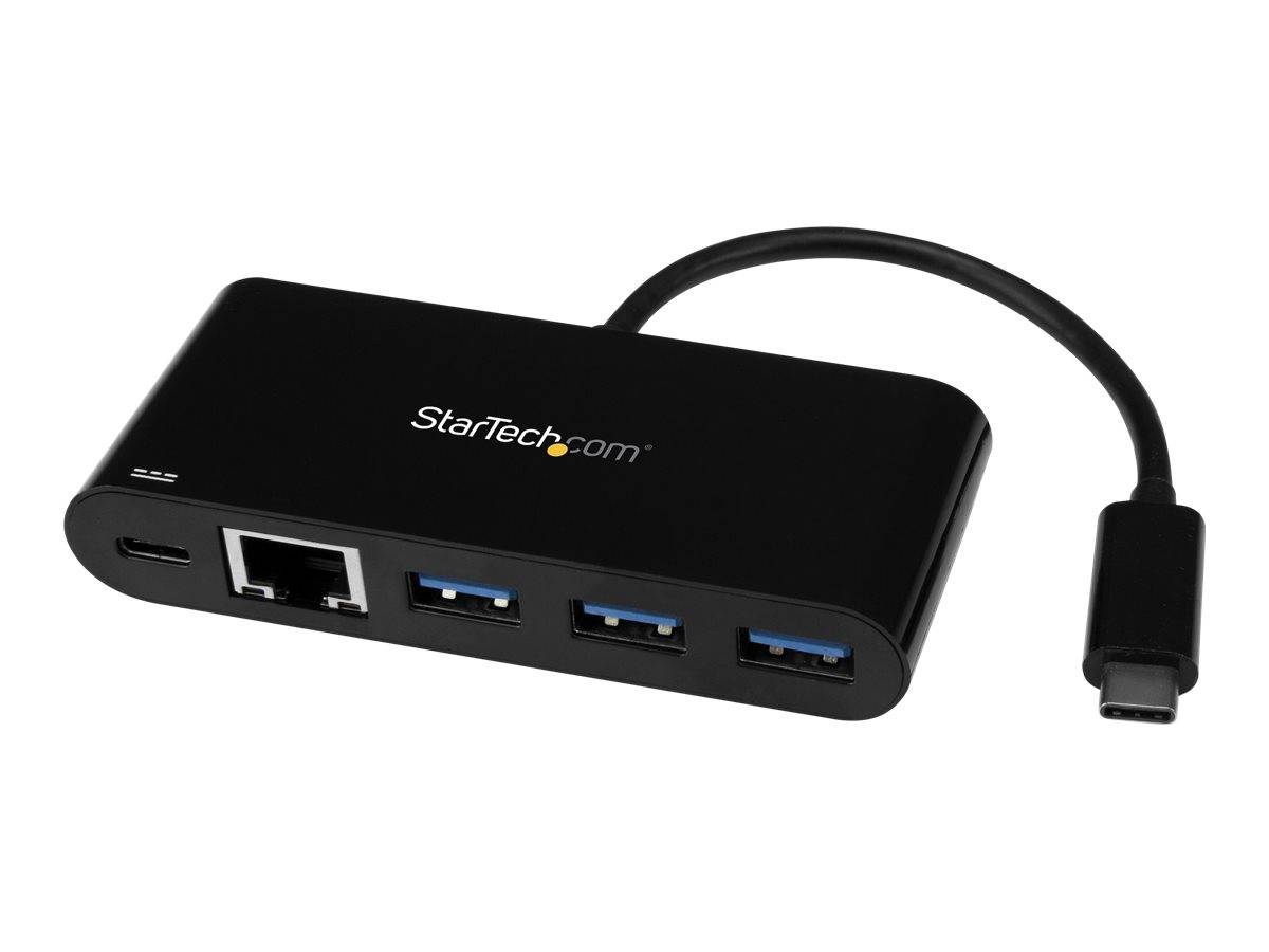 StarTech.com USB-C-Hub mit Ethernet-Port, drei USB-A-Anschlüssen und angeschlossenem USB-C-Kabel auf weißem Hintergrund.