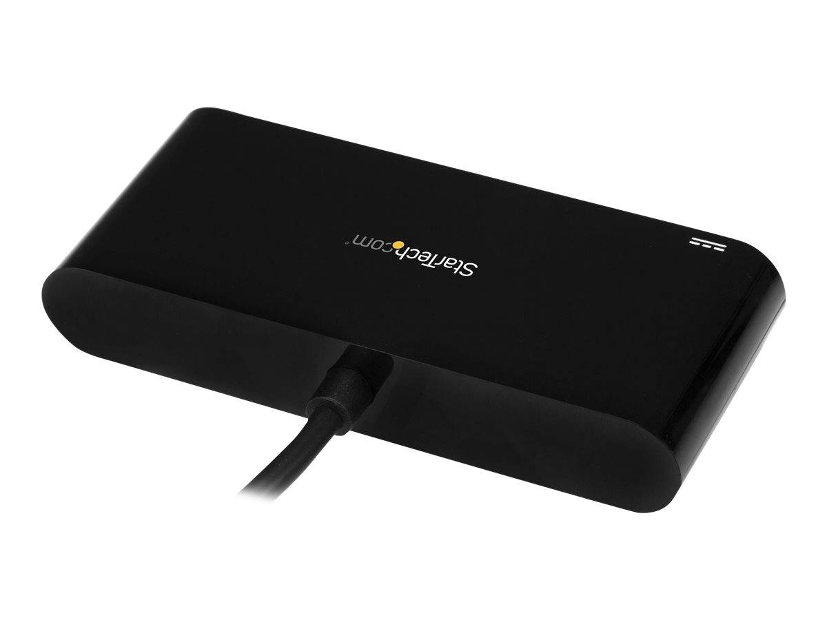 Schwarzes rechteckiges externes Festplattengehäuse von StarTech.com mit angeschlossenem Kabel auf weißem Hintergrund.