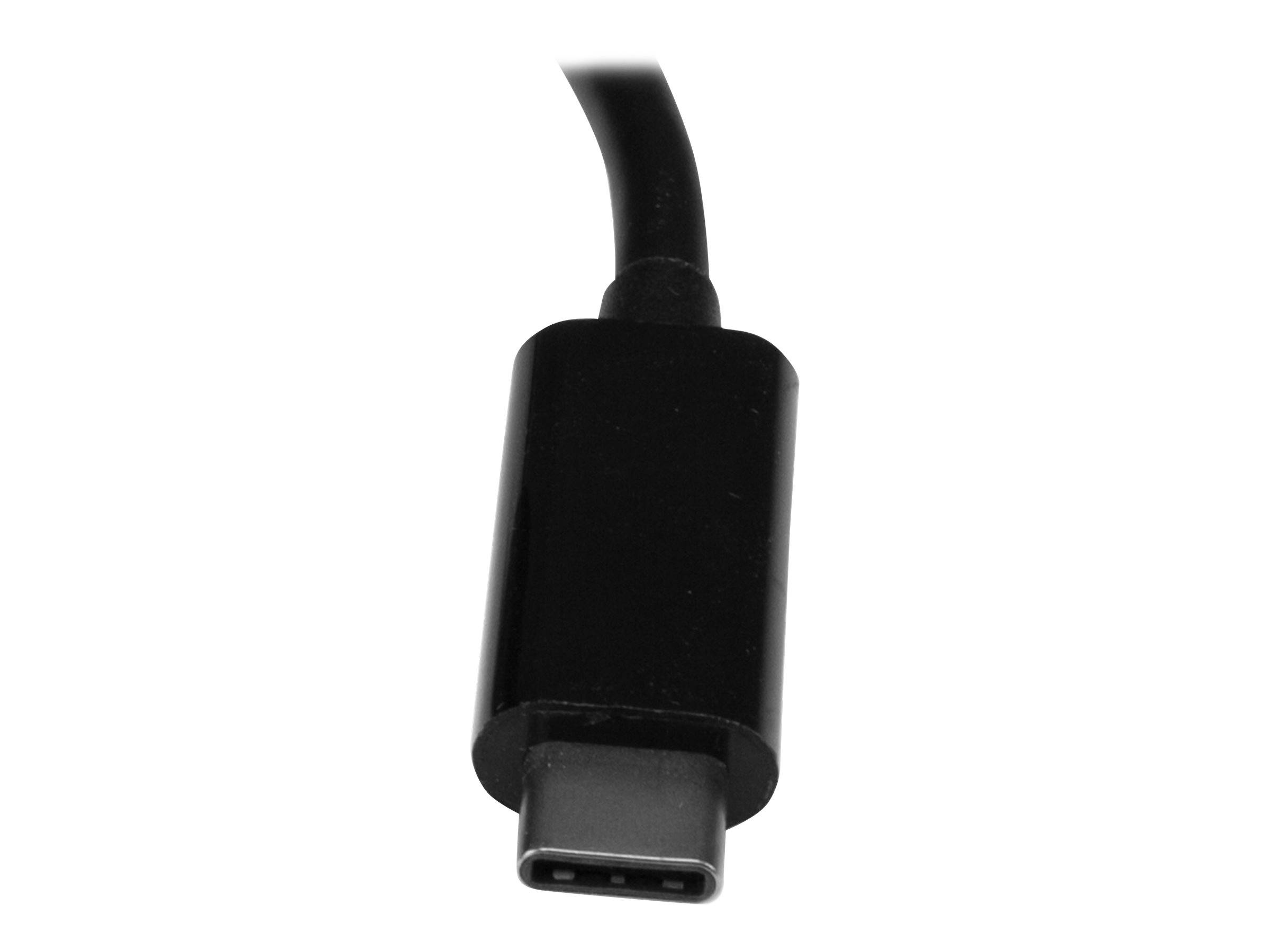 Nahaufnahme eines schwarzen USB-C-Steckers auf weißem Hintergrund.