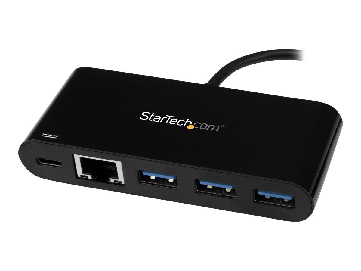 StarTech.com USB-C-Hub mit Ethernet-Anschluss und drei USB-A-Anschlüssen auf einem schwarzen Adapter mit angeschlossenem Kabel.