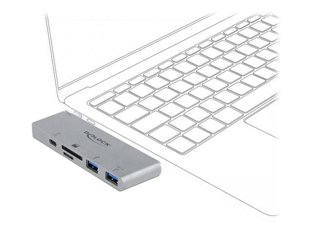 Delock 3 Port Hub and 2 Slot Card Reader for MacBook with PD 3.0 and retractable USB Type-C Connection - Hub - 2 x USB 3