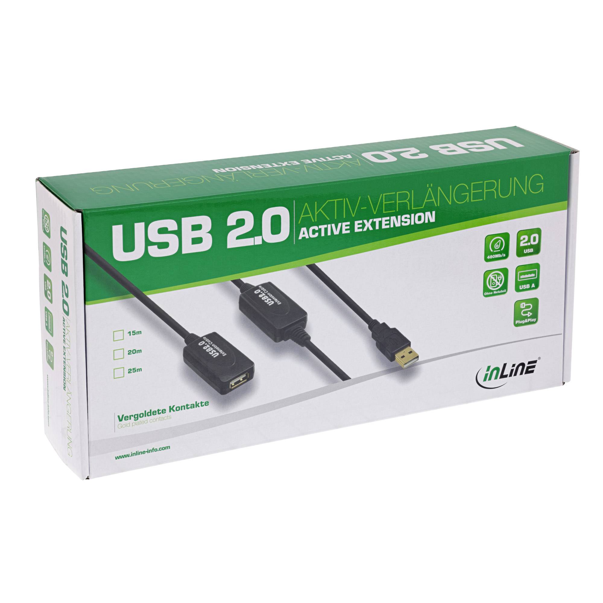 Karton für ein aktives USB-2.0-Verlängerungskabel mit der Bezeichnung „AKTIV-VERLÄNGERUNG