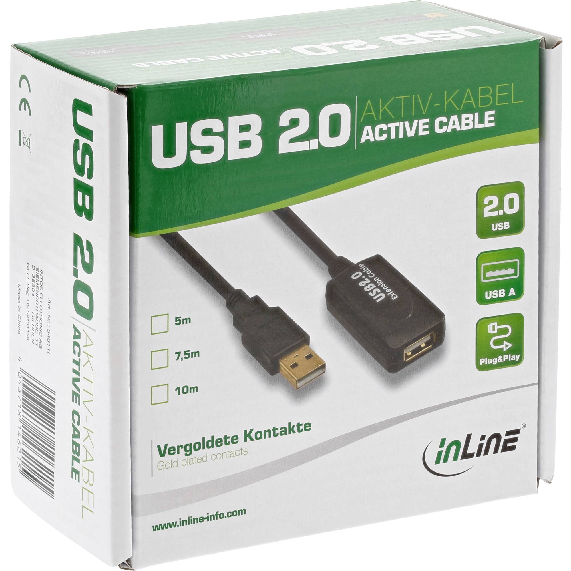 Verpackung für ein Inline-USB-2.0-Aktivkabel mit USB-A-Stecker und Verlängerungsstecker, mit aufgelisteten Funktionen von 5m, 7,5m und 10m.