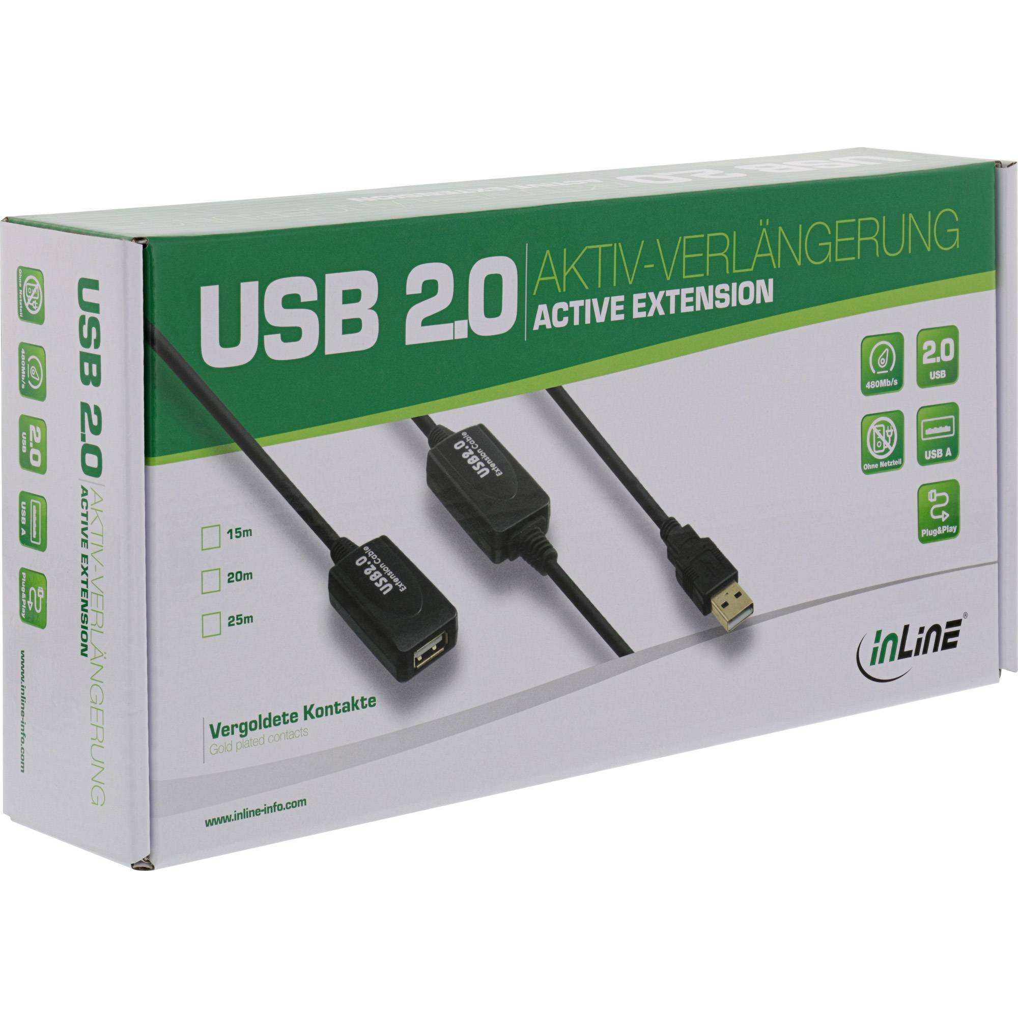 INLINE - USB 2.0 Aktiv-Verl. - mit Signalverstärkung ""Repeater"" - ST A / BU A - 25m