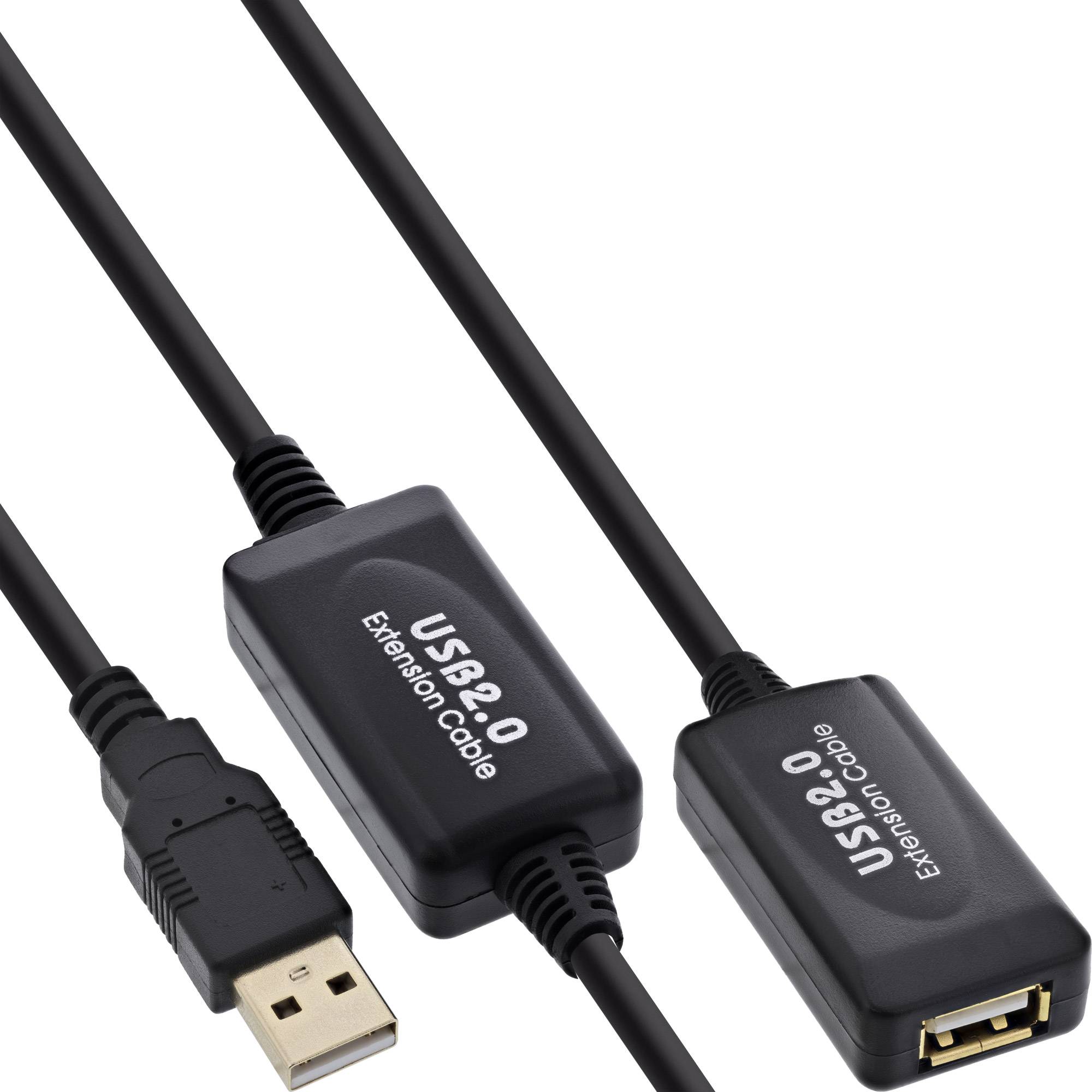 USB 2.0-Verlängerungskabel mit männlichem USB-A-Stecker und weiblicher USB-A-Buchse, abgebildet auf weißem Hintergrund.