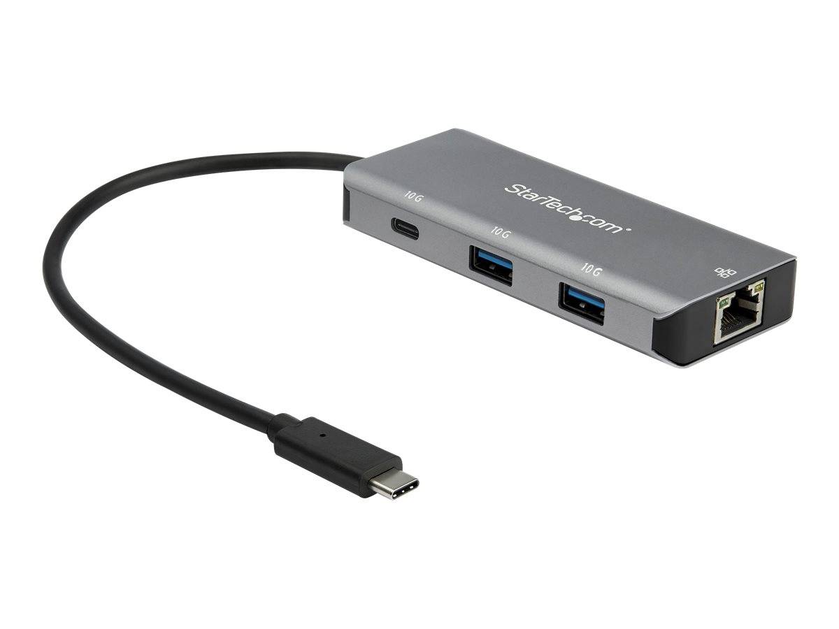 USB-C-zu-Ethernet-Adapter mit zwei USB-A-Anschlüssen und einem USB-C-Anschluss, dargestellt mit angeschlossenem USB-C-Kabel.