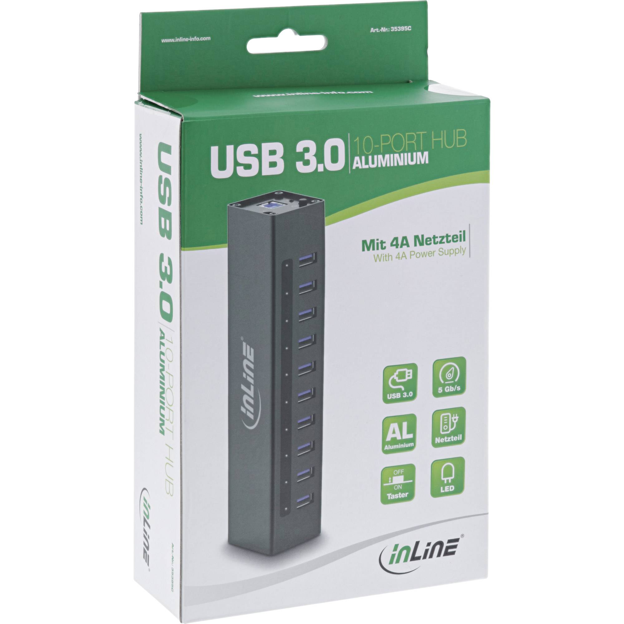 INLINE - USB 3.0 Hub - 10 Port - Aluminiumgehäuse - schwarz - mit 4A Netzteil