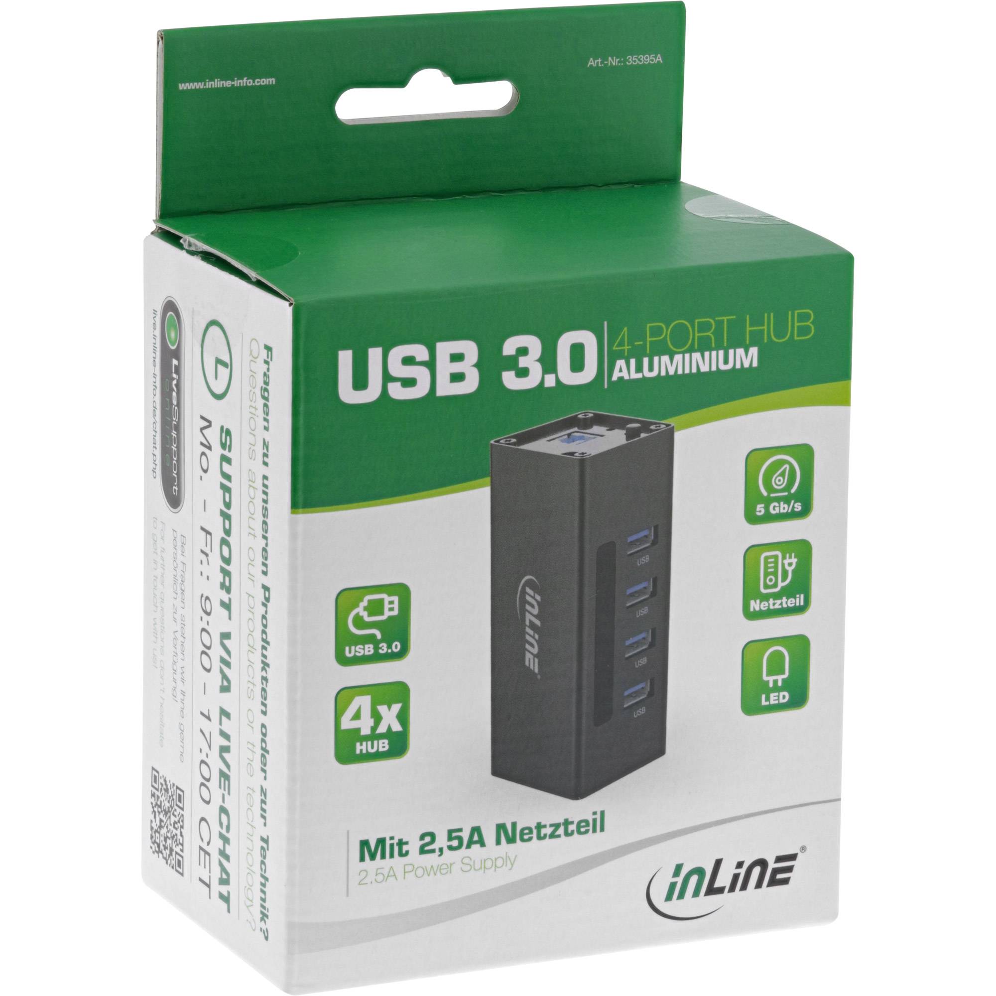 INLINE - USB 3.0 Hub - 4 Port - Aluminiumgehäuse - schwarz - mit 2,5A Netzteil