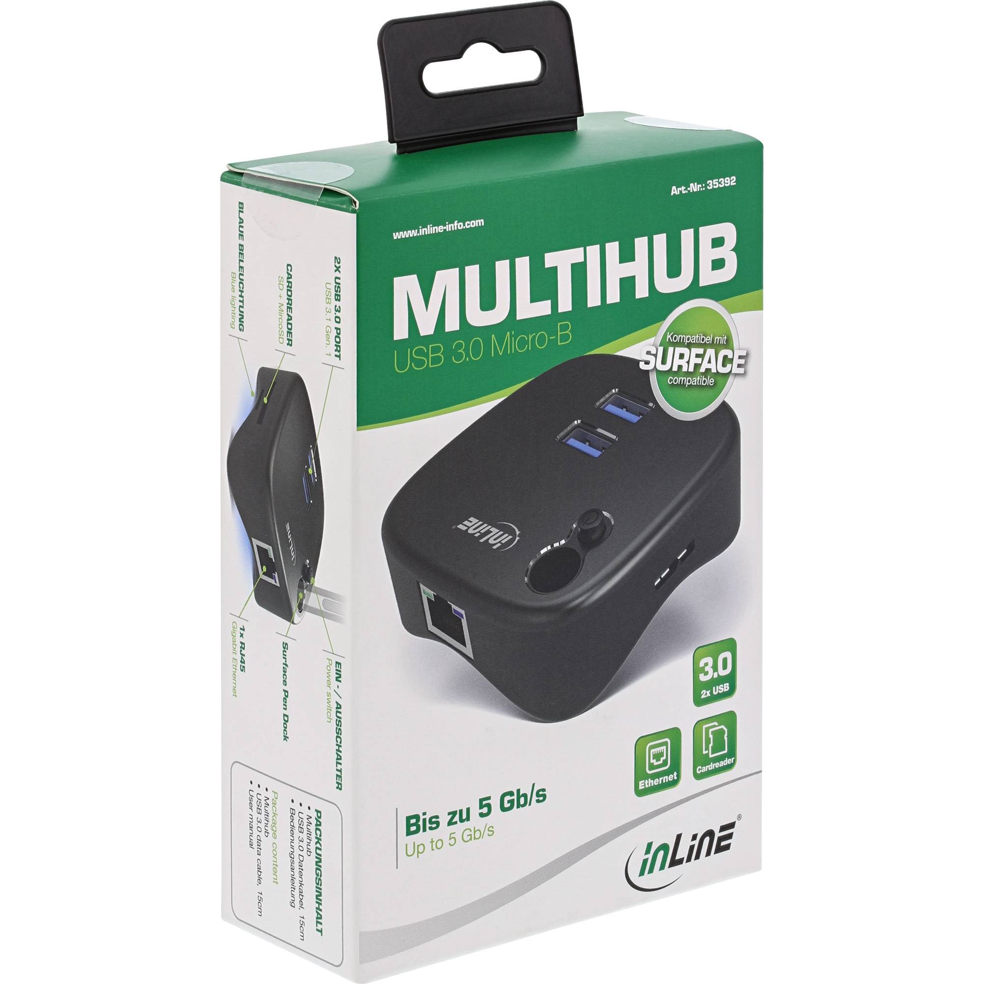 Boxed InLine MULTIHUB USB 3.0 Micro-B Hub, zeigt einen schwarzen 3-Port-USB-Hub mit Ethernet-Unterstützung und Surface-Kompatibilität.