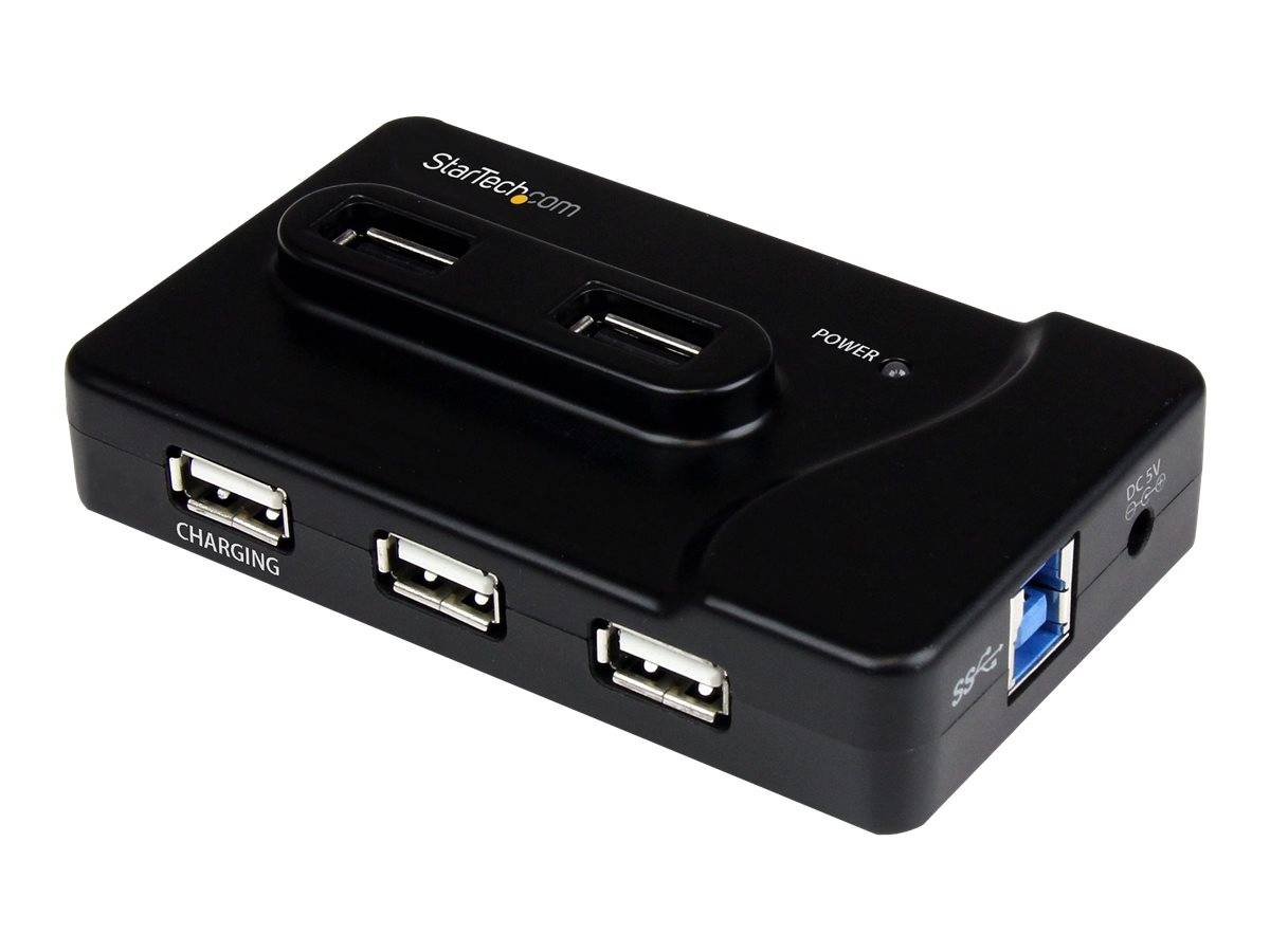 Schwarzer StarTech USB-Ladehub mit mehreren USB-Anschlüssen und Stromanzeigeleuchte auf weißem Hintergrund