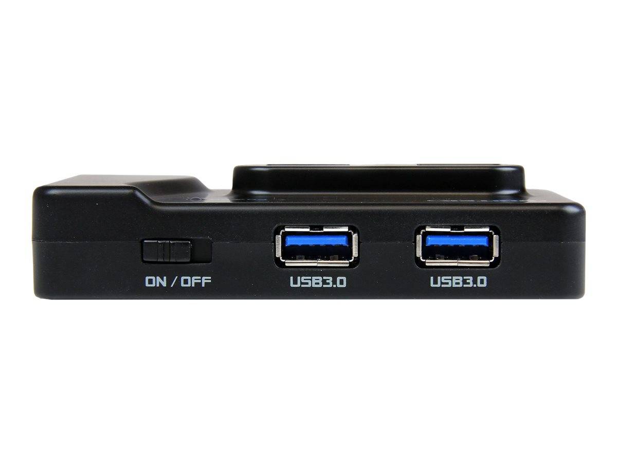 Schwarzer USB 3.0-Hub mit EIN-/AUS-Schalter und zwei vorderen USB-Anschlüssen auf weißem Hintergrund.