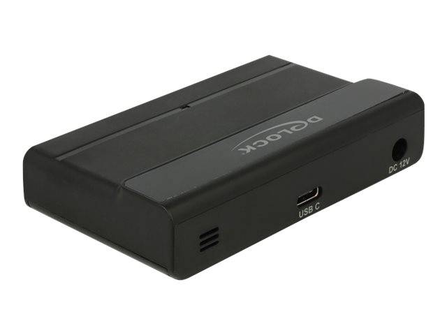 Schwarzer rechteckiger Stromadapter oder Akku-Pack mit USB-C- und DC-12V-Anschlüssen, dargestellt auf weißem Hintergrund.