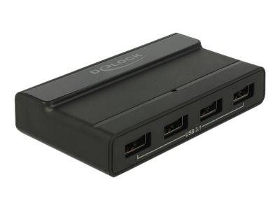 Schwarzer Delock USB 3.1 Hub mit vier USB-Anschlüssen an der Vorderseite, gezeigt auf weißem Hintergrund.