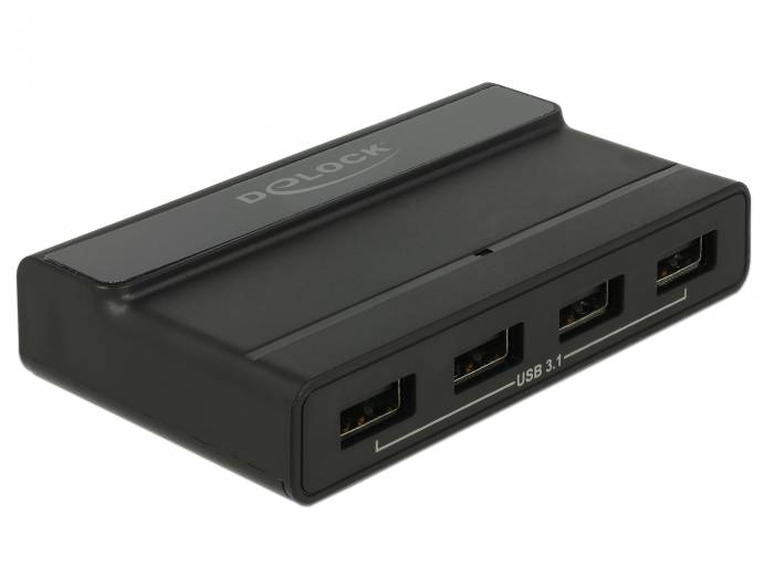 Schwarzer Delock USB 3.1 Hub mit vier vorderen USB-Anschlüssen auf weißem Hintergrund.