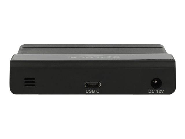 Schwarzes rechteckiges elektronisches Gerät mit USB-C-Anschluss und DC 12V-Stromversorgungsbuchse auf der Frontplatte.