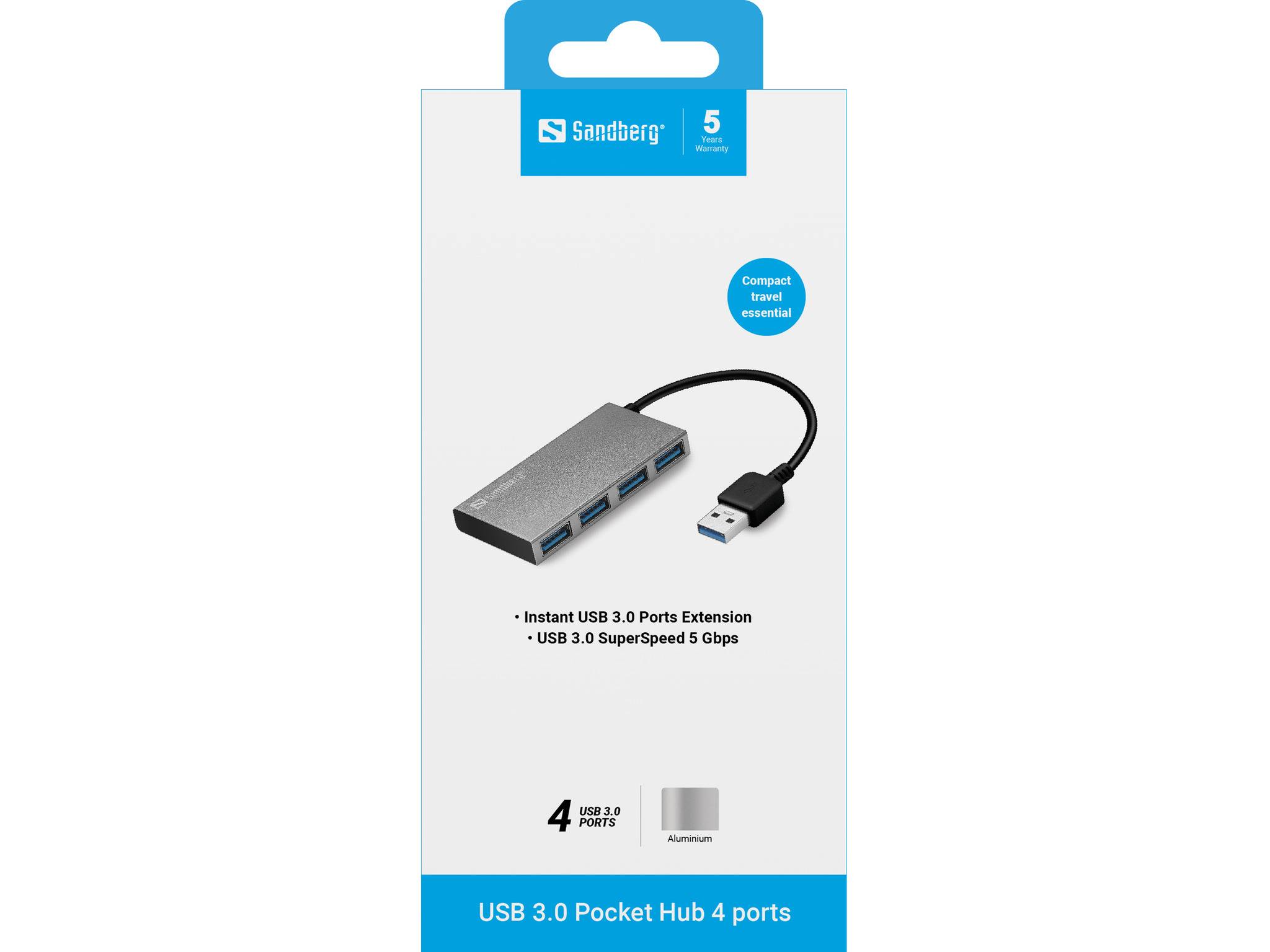SANDBERG USB 3.0 Pocket Hub - Hub - 4 x SuperSpeed USB 3.0