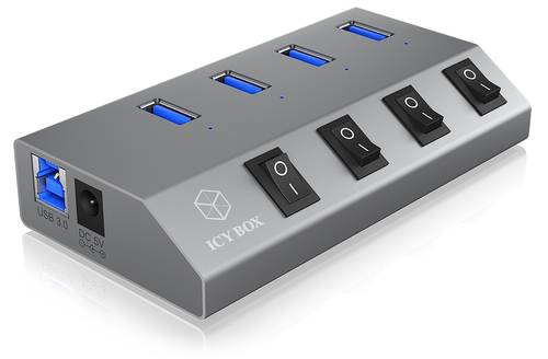 IB-HUB1405, 4 Port USB 3.0 Type-A Hub, Aluminium Gehäuse, mit 4x USB Type-A Anschlüssen, An-/Ausschalter für jeden Port, mit Netzteil