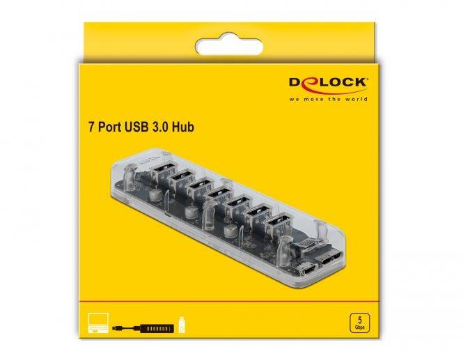 DeLOCK Externer USB 3.0 Hub mit 7 Ports transparent
