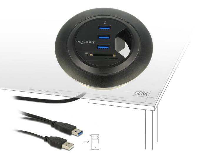 Delock HUB USB 3.0 Tisch-Hub 60 mm 3 x USB 3.0 Ports + Card Reader Delock