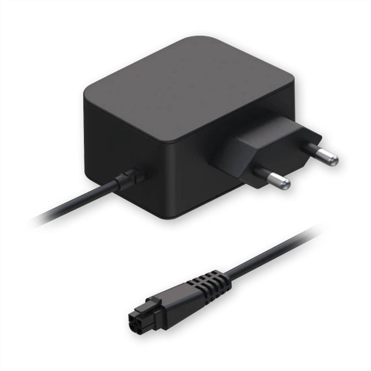 Schwarzer Stromadapter mit zweipoliger runder Steckernorm und angekabeltem Kabel, das in einem kleinen Stecker endet, auf weißem Hintergrund dargestellt.